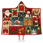 Christmas Patchwork Hooded Blanket, Festive Cozy Wearable Throw Gift