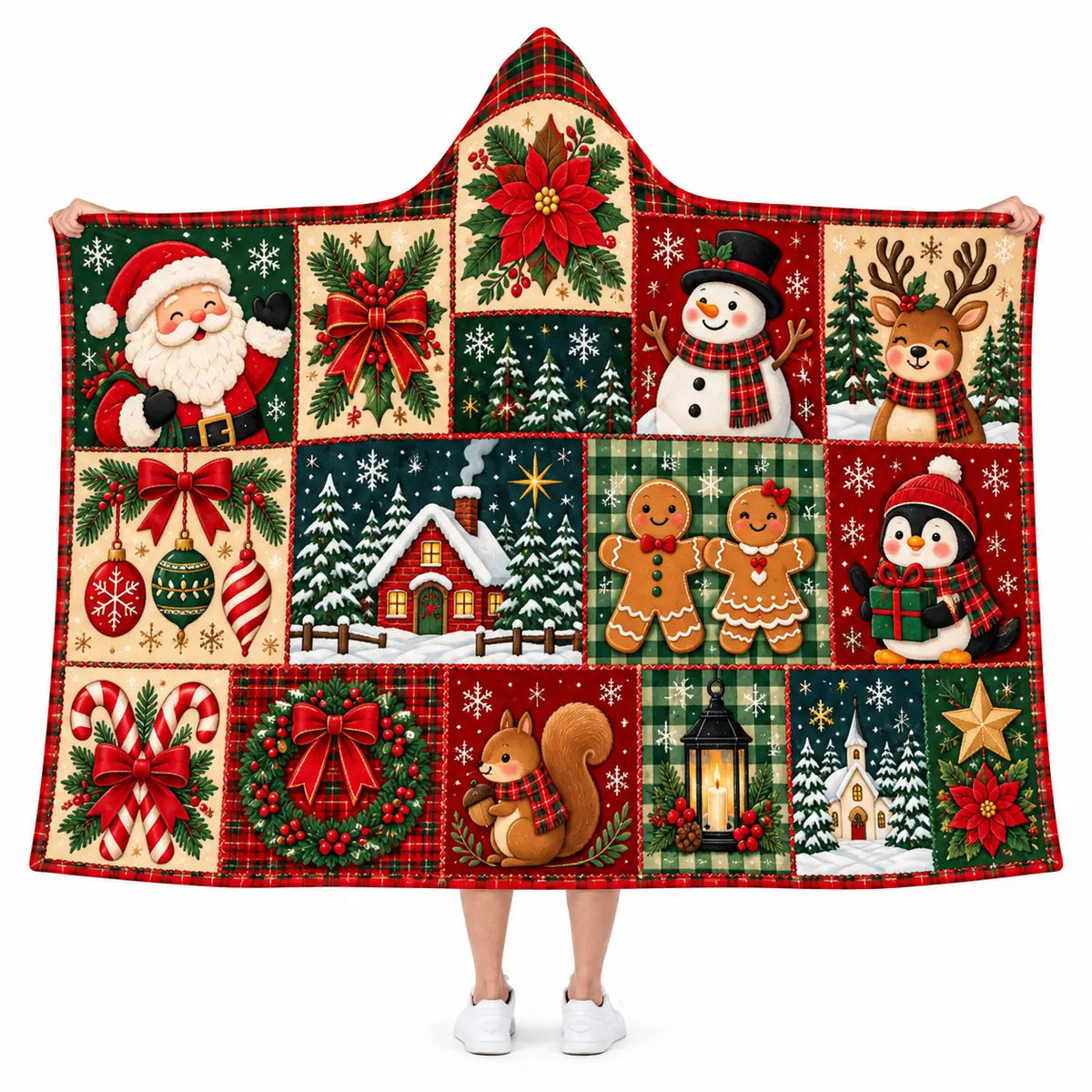 Christmas Patchwork Hooded Blanket, Festive Cozy Wearable Throw Gift