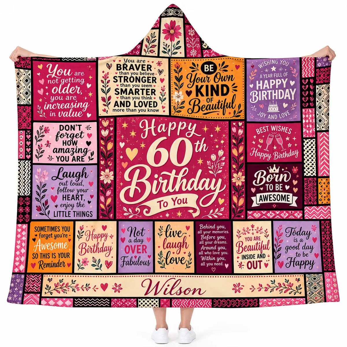 Custom Name 60th Birthday Wearable Hooded Blanket - Milestone Birthday Gift