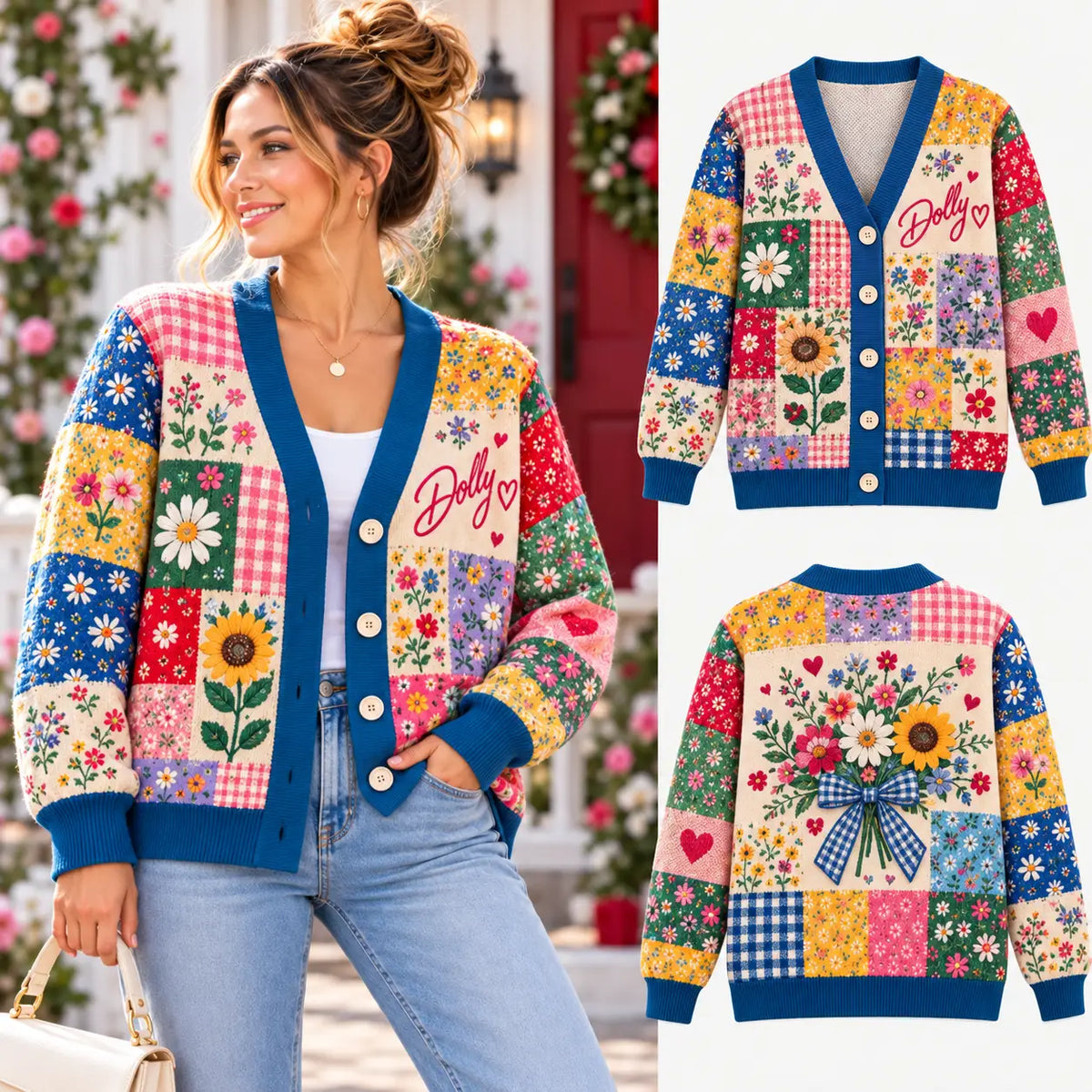 Colorful Dolly Floral Christmas Knitted Cardigan, Cozy Winter Outfit Sweater