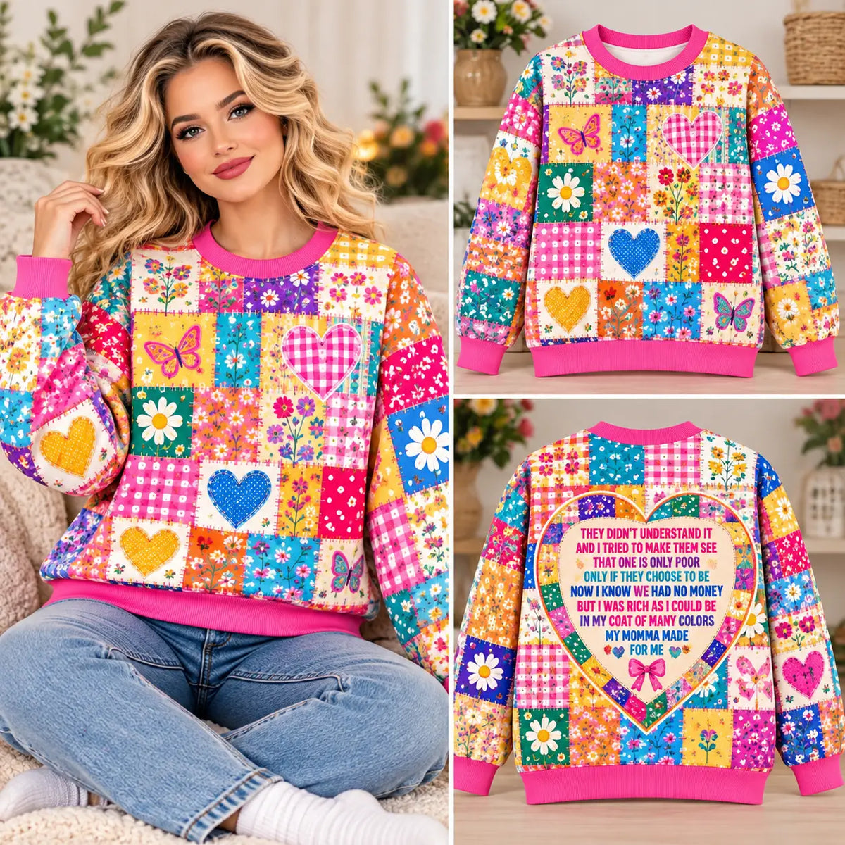 Coat Of Many Colors Sweatshirt – Vibrant Floral & Heart Patchwork Crewneck