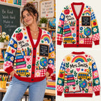 Personalized Name Mrs Smith Colorful Teacher Classroom Collage Christmas Knitted Cardigan, Cozy Winter Outfit Sweater