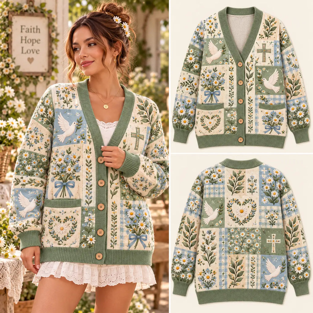 Peaceful Dove Floral Patchwork Christmas Knitted Cardigan, Cozy Winter Outfit Sweater