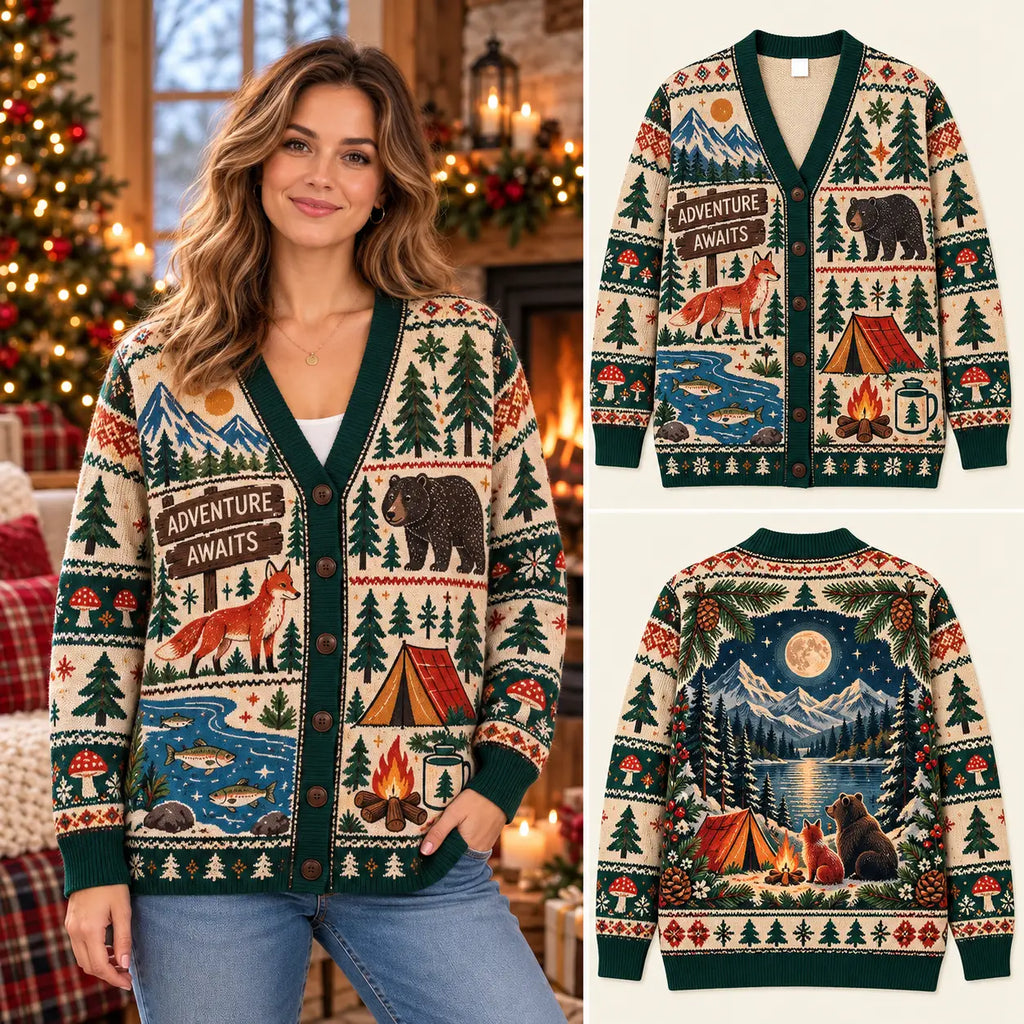 Wilderness Camping & Woodland Animals Christmas Knitted Cardigan, Cozy Winter Outfit Sweater