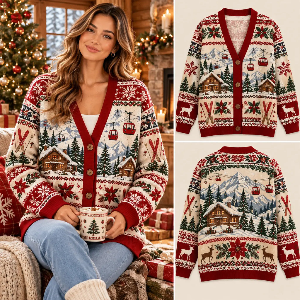 Cozy Alpine Skiing Christmas Knitted Cardigan, Cozy Winter Outfit Sweater