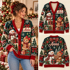 Custom Name Snowman & Gingerbread Christmas Knitted Cardigan, Cozy Winter Outfit Sweater