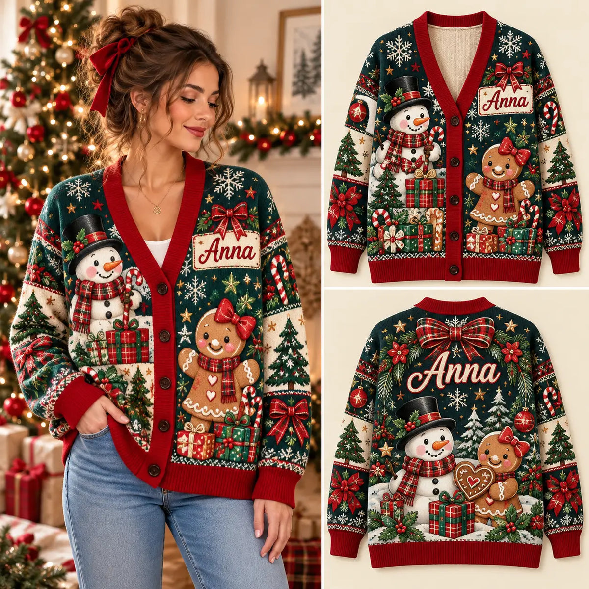 Custom Name Snowman & Gingerbread Christmas Knitted Cardigan, Cozy Winter Outfit Sweater