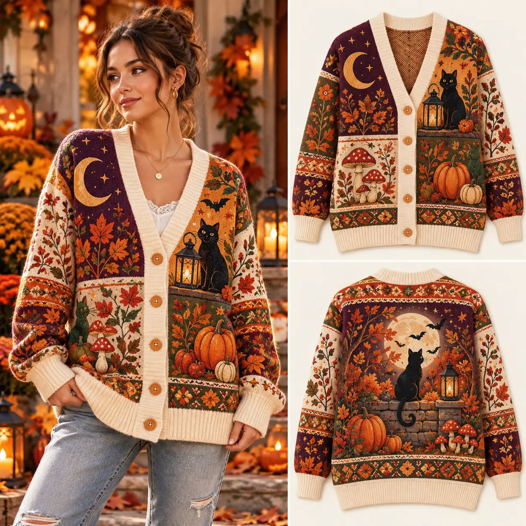 Vintage Halloween Pumpkin Patchwork Knitted Cardigan, Cozy Winter Outfit Sweater