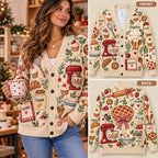 Personalized Baking & Dessert Christmas Knitted Cardigan Sweater - Custom Name Cream Holiday Sweater
