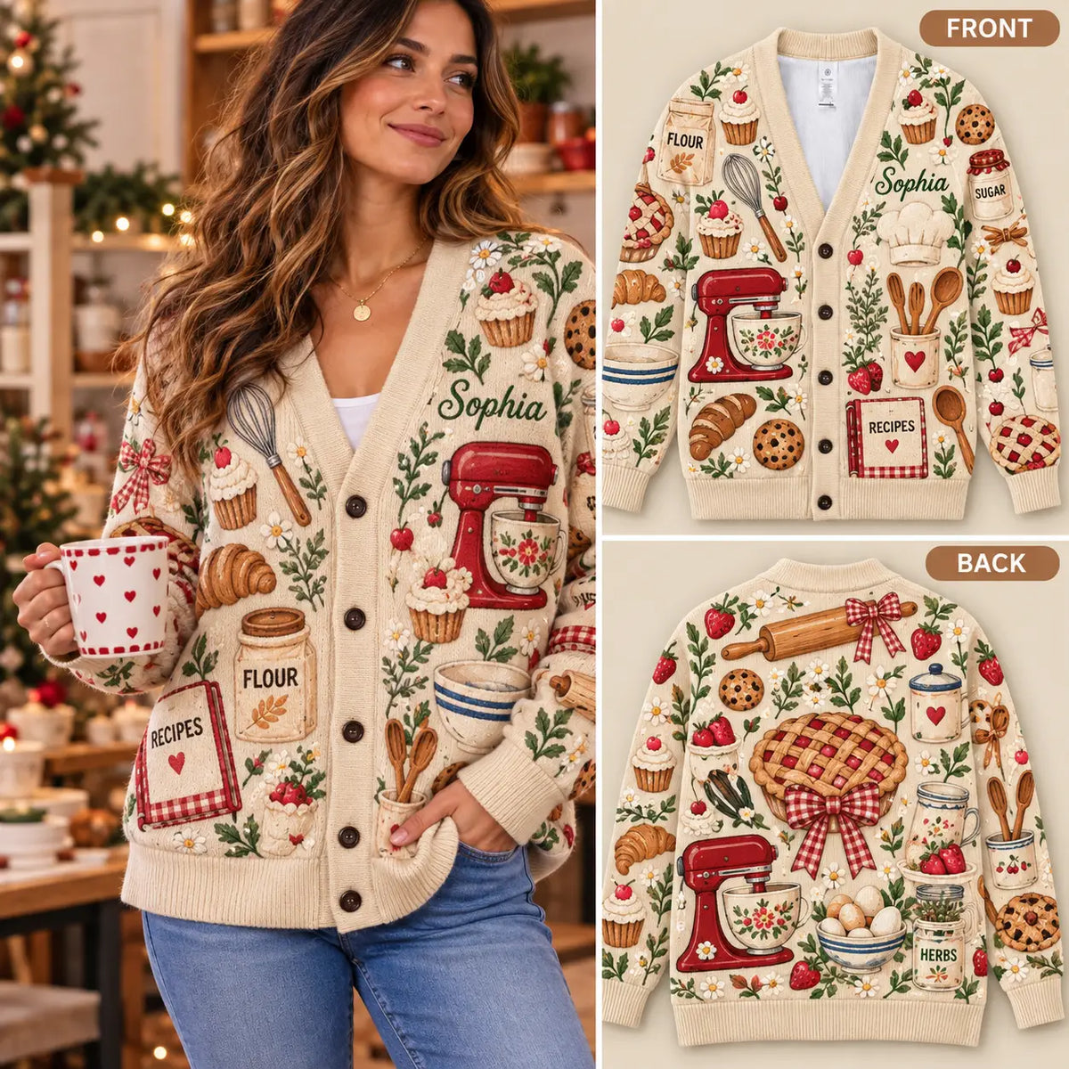 Personalized Baking & Dessert Christmas Knitted Cardigan Sweater - Custom Name Cream Holiday Sweater