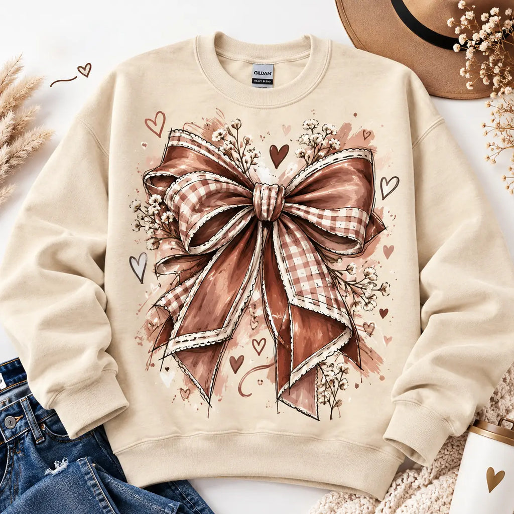 Coquette Ribbon Bow Sweatshirt – Vintage Gingham Plaid Ribbon Bow & Hearts Crewneck
