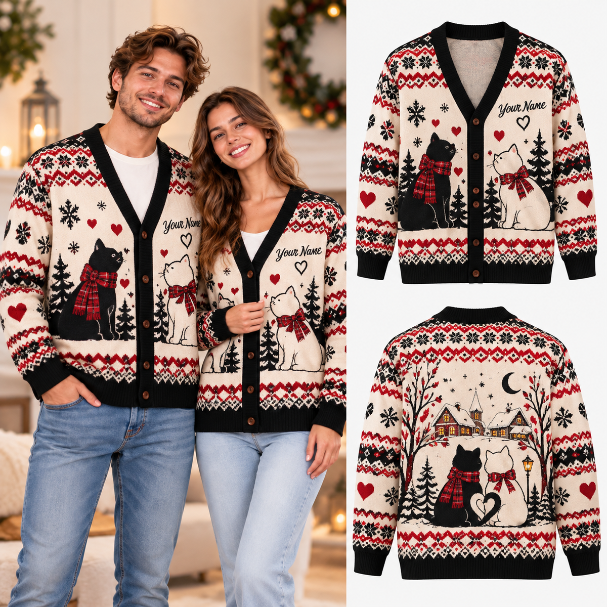 Personalized Name Cozy Cat-Themed Christmas Knitted Cardigan, Autumn Sweater