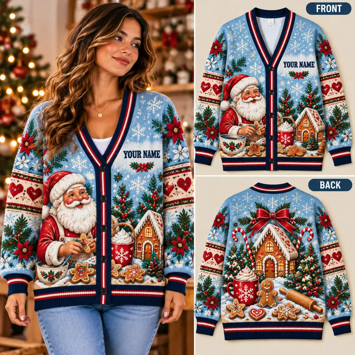 Personalized Santa Baking Gingerbread House Knitted Cardigan Sweater