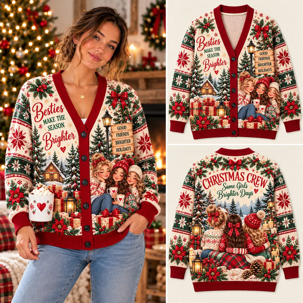 Cozy Christmas Besties Make The Season Brighter Christmas Knitted Cardigan, Cozy Winter Outfit Sweater