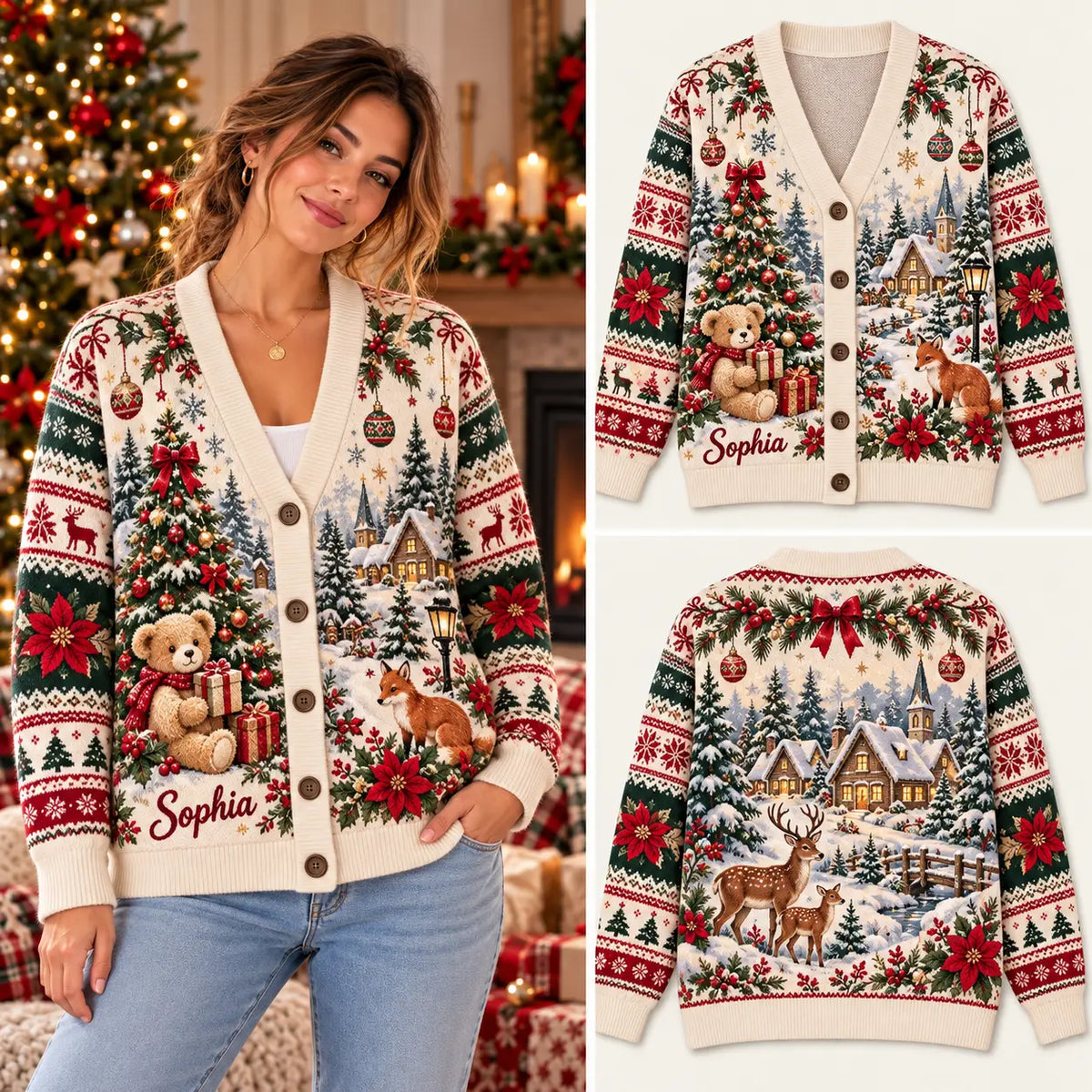 Personalize Name Sophia Bear Christmas Tree Farm Knitted Cardigan, Cozy Winter Outfit Sweater