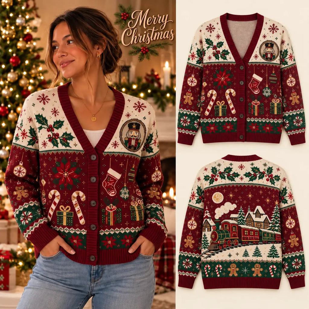 Vintage Christmas Nutcracker & Express Train Christmas Knitted Cardigan - Holiday Sweater