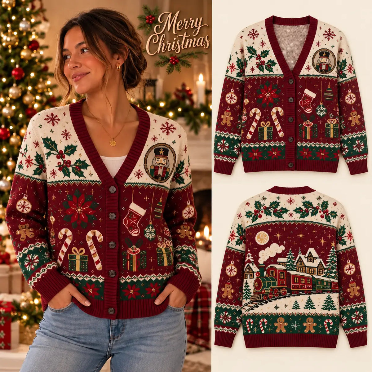 Vintage Christmas Nutcracker & Express Train Christmas Knitted Cardigan - Holiday Sweater