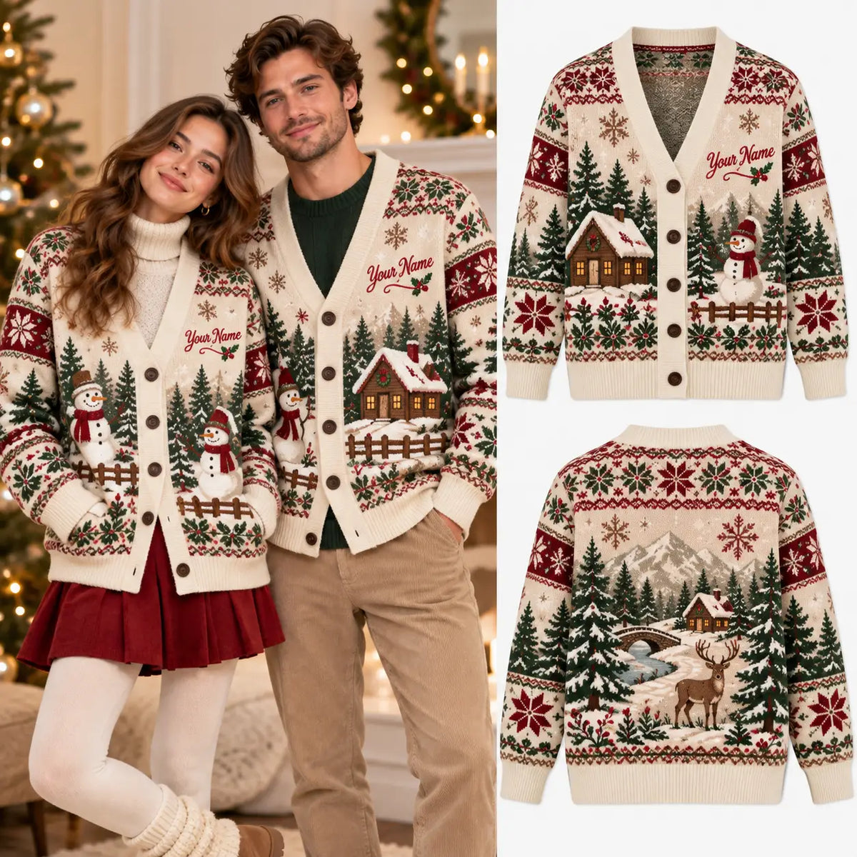 Personalized Farmhouse Reindeer Christmas Knitted Cardigan, Snowman Autumn Sweater