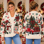 Cozy Farmhouse Snowman Bow Christmas Knitted Cardigan, Autumn Sweater