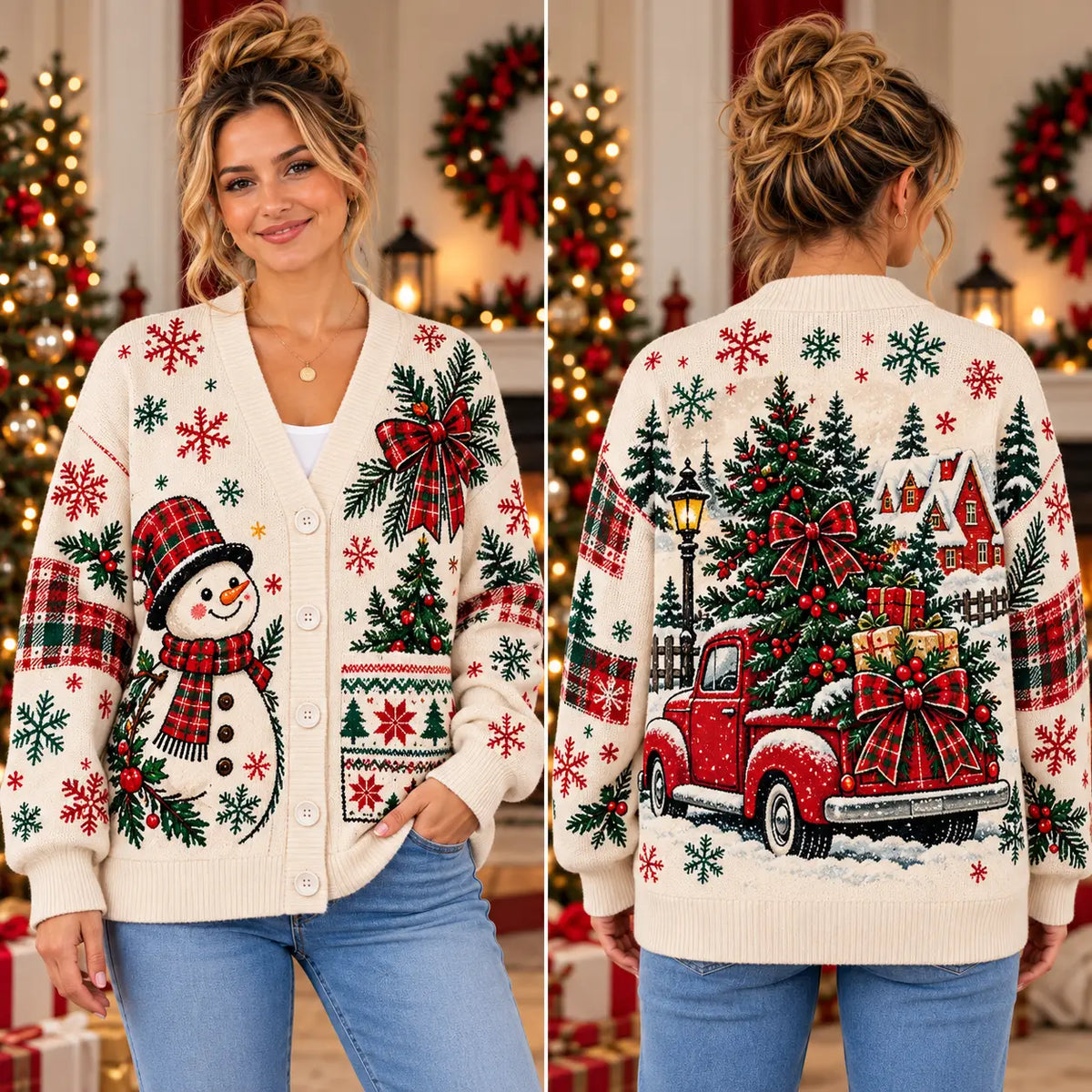 Cozy Farmhouse Snowman Bow Christmas Knitted Cardigan, Autumn Sweater