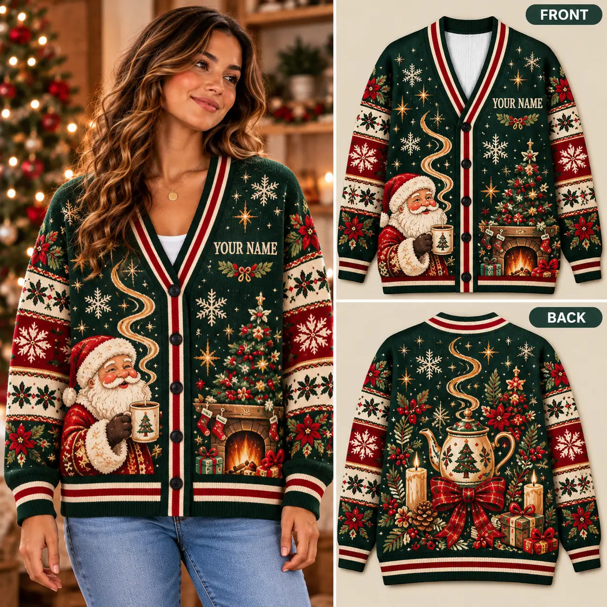 Personalized Santa Claus & Fireplace Knitted Cardigan Sweater