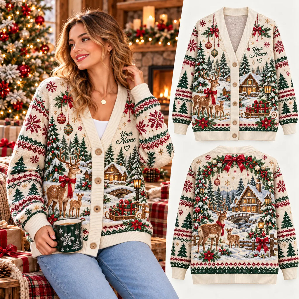 Personalized Name Cozy Reindeer Christmas Knitted Cardigan, Cozy Winter Outfit Sweater