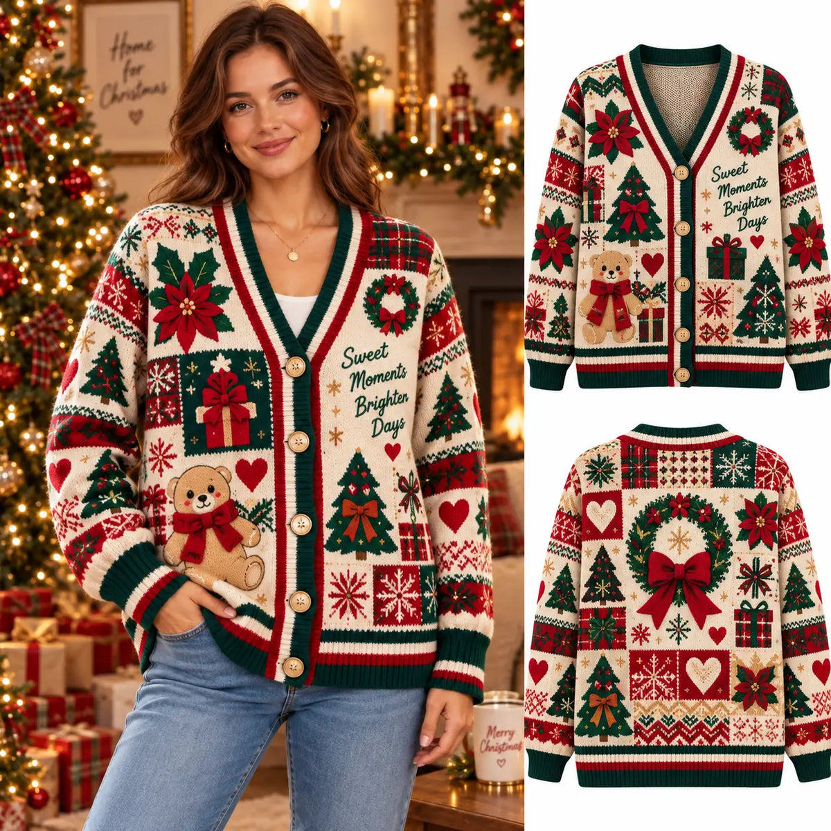 Cozy Sweet Moments Brighter Day Christmas Knitted Cardigan, Festive Winter Outfit Sweater