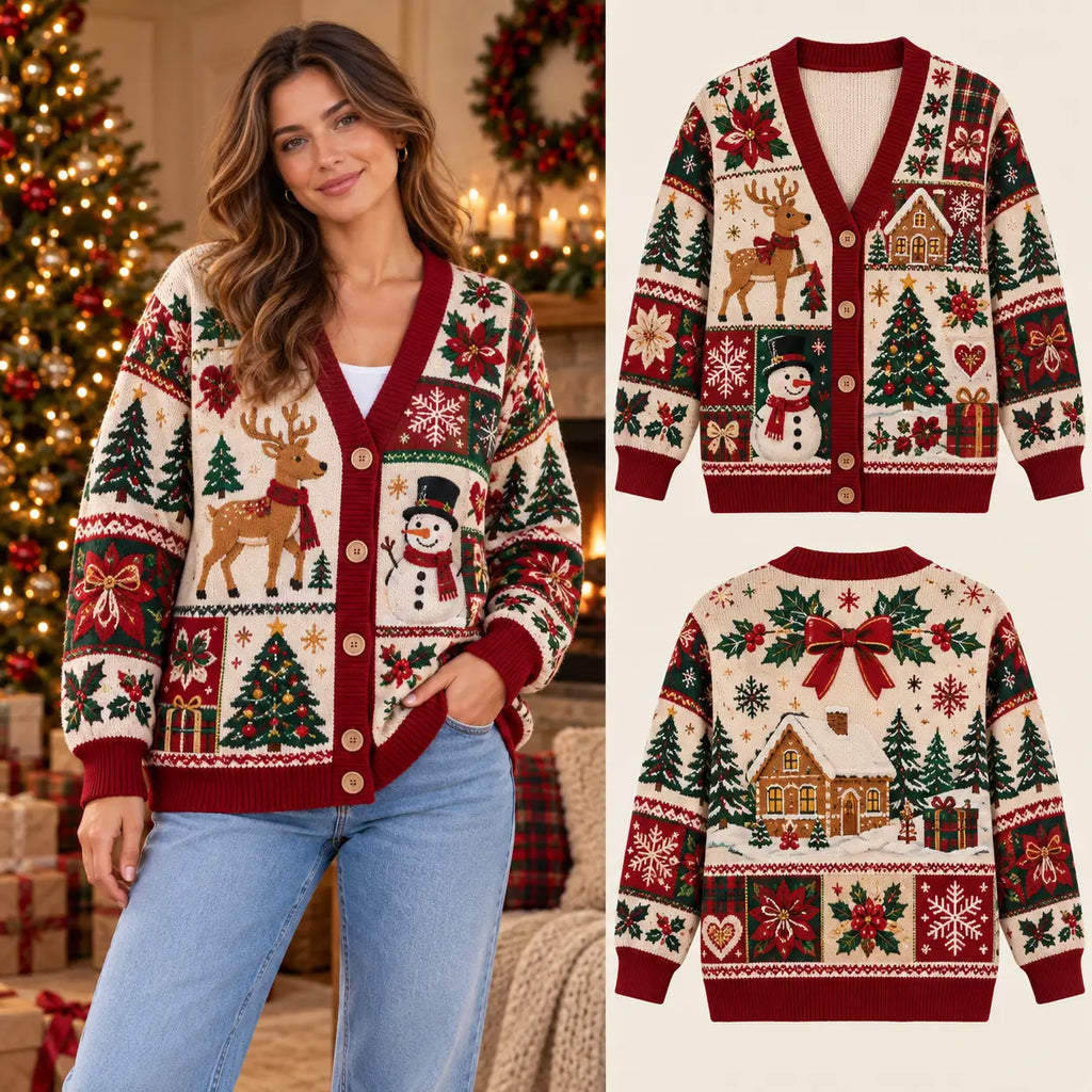 Vintage Patchwork Reindeer & Snowman Christmas Knitted Cardigan, Cozy Winter Outfit Sweater