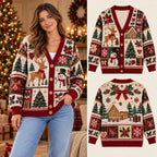 Cozy Reindeer Gingerbread House Christmas Knitted Cardigan, Cozy Winter Outfit Sweater