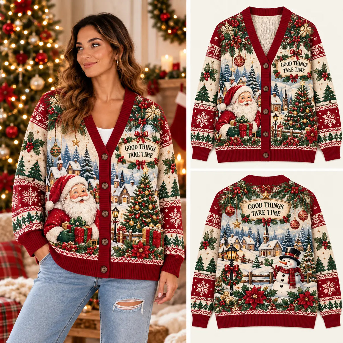 Good Things Take Time Santa Christmas Knitted Cardigan, Cozy Winter Outfit Sweater
