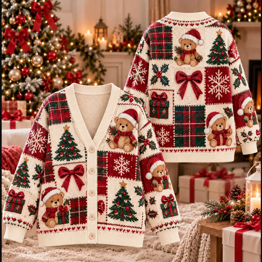 Cozy Bear Christmas Tree & Bow Knitted Cardigan, Cozy Winter Outfit Sweater