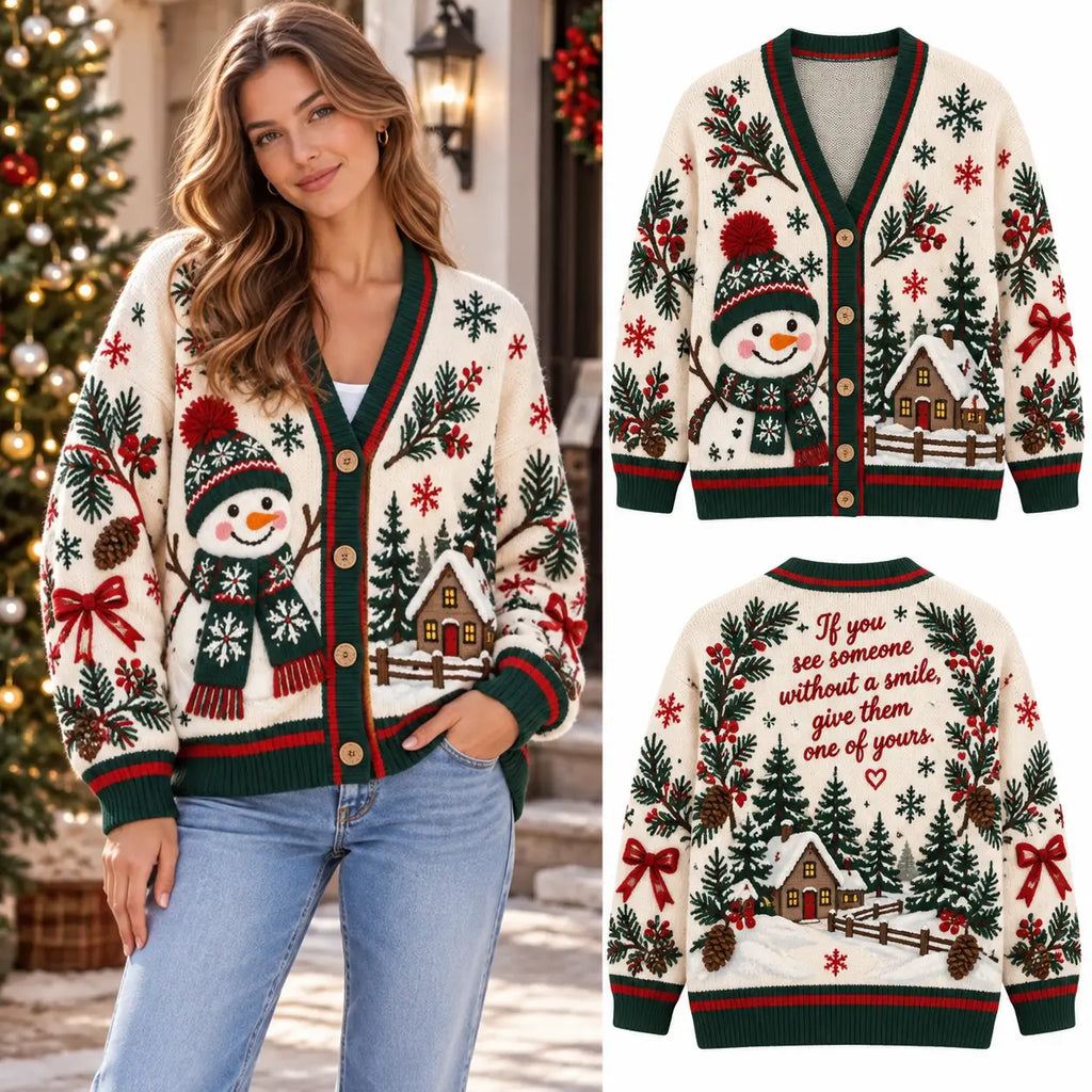 Cozy Warm Love Snowman Bow Christmas Knitted Cardigan, Festive Winter Outfit Sweater
