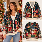 Festive Xmas Cats & Christmas Stockings Knitted Cardigan, Cozy Winter Outfit Sweater