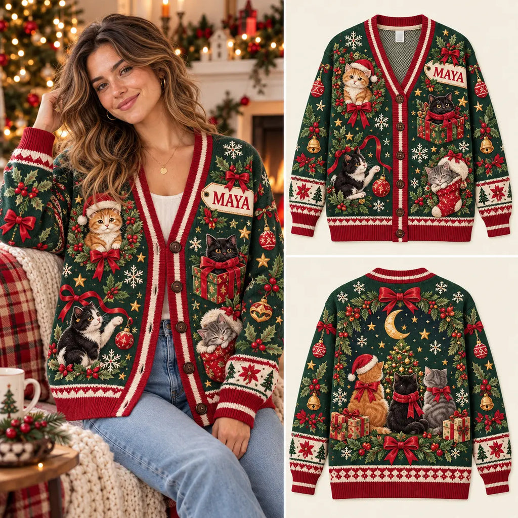 Custom Xmas Cat Lovers Knitted Cardigan - Personalized Festive Holiday Sweater