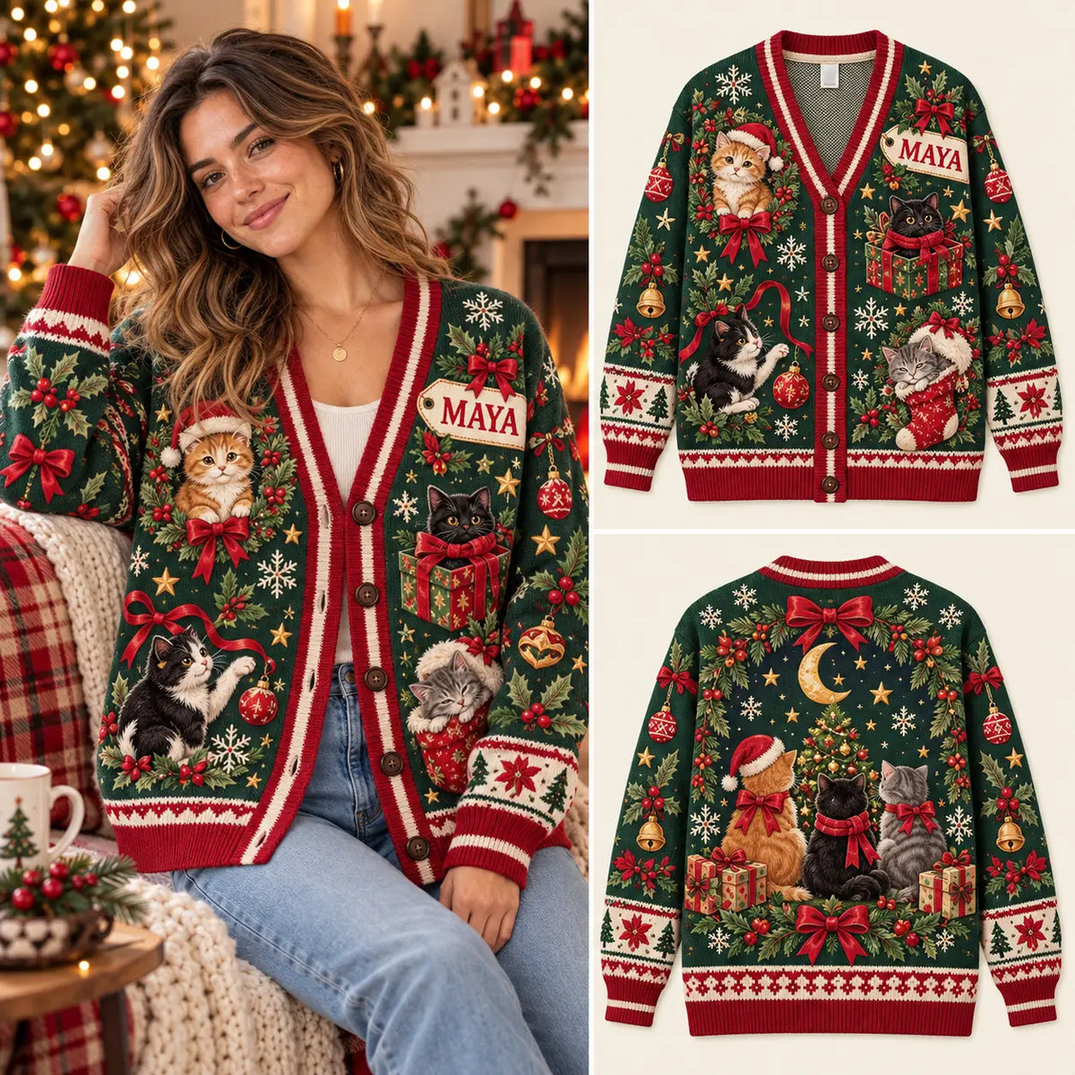 Custom Xmas Cat Lovers Knitted Cardigan - Personalized Festive Holiday Sweater
