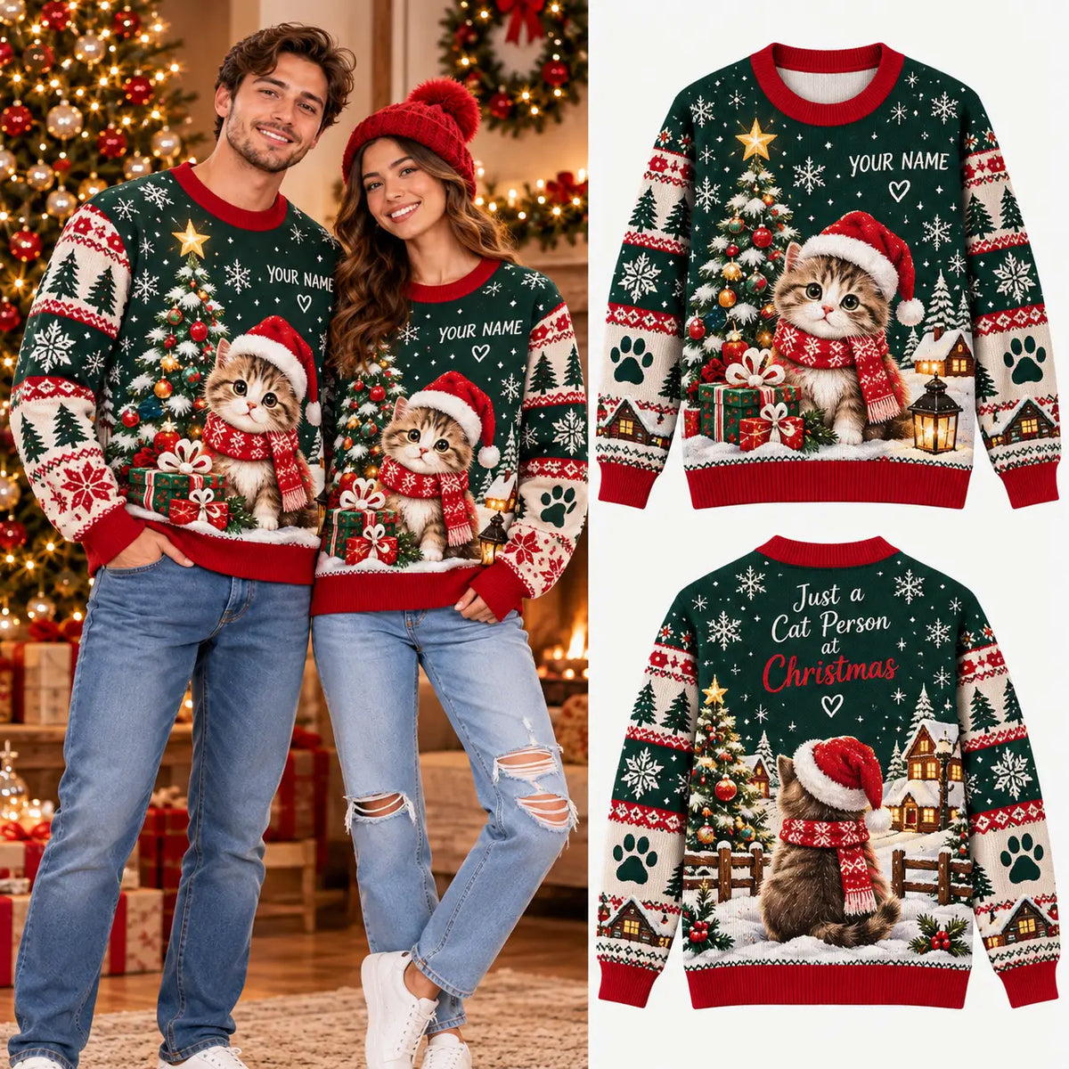 Personalized Cat Person Christmas Sweater - Custom Holiday Gift for Cat Moms & Dads