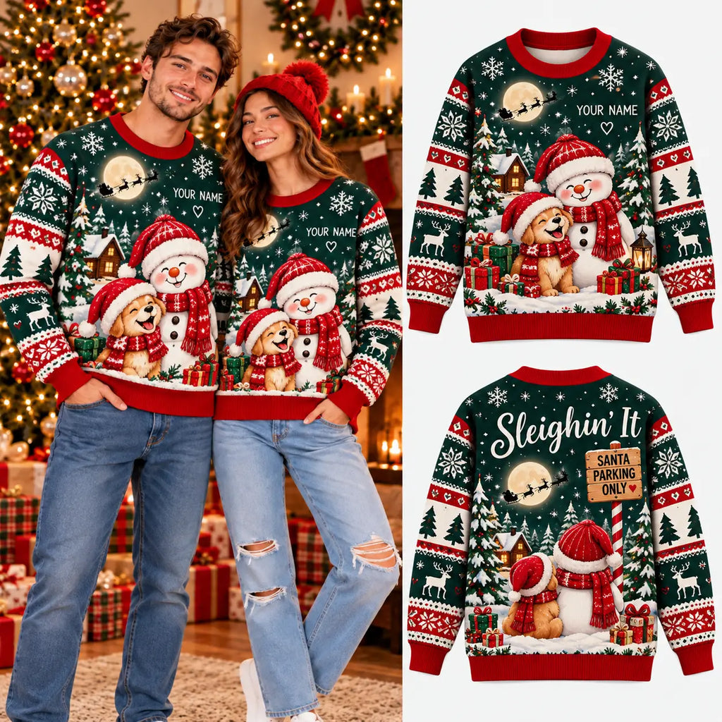 Matching Couple Christmas Sweater Snowman & Golden Retriever