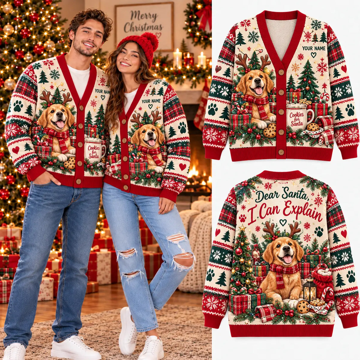 Personalized Christmas Golden Retriever Knitted Cardigan - Custom Name Dog Lovers Sweater