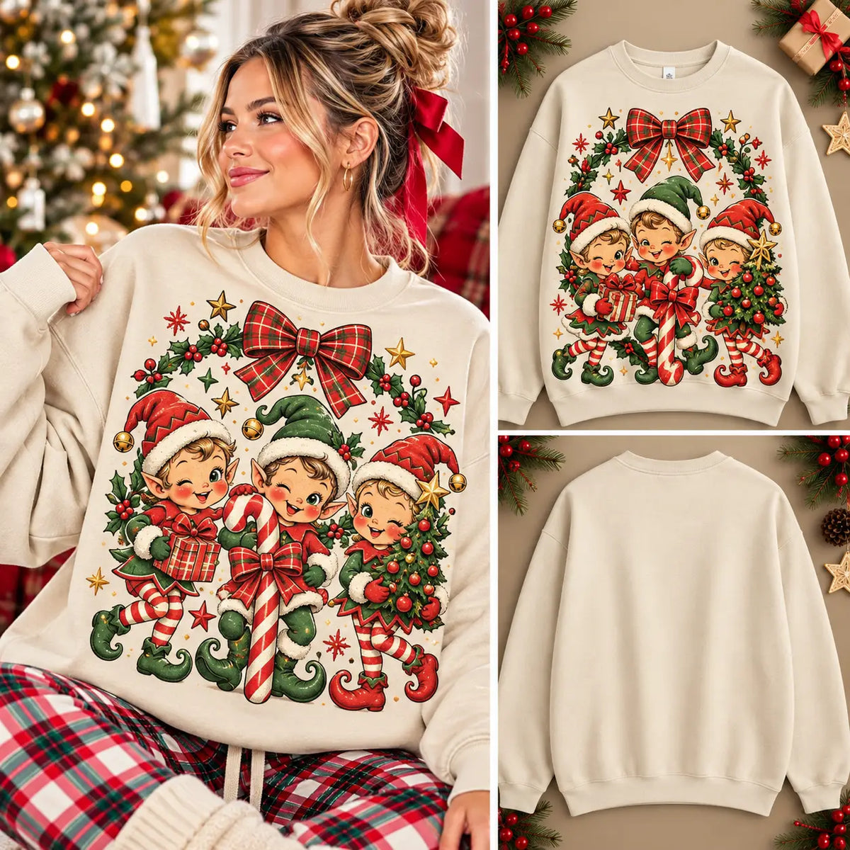 Cozy Christmas Elf Festive Wreath & Stars Sweatshirt