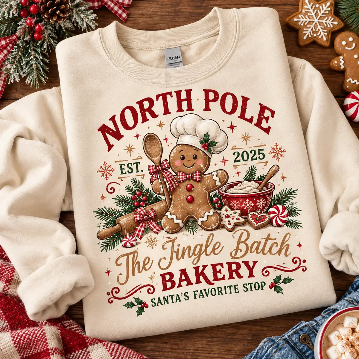 Personalized Year Cozy Christmas Gingerbread Bakery Kitchen Sweatshirt, Winter Sweater Outfit