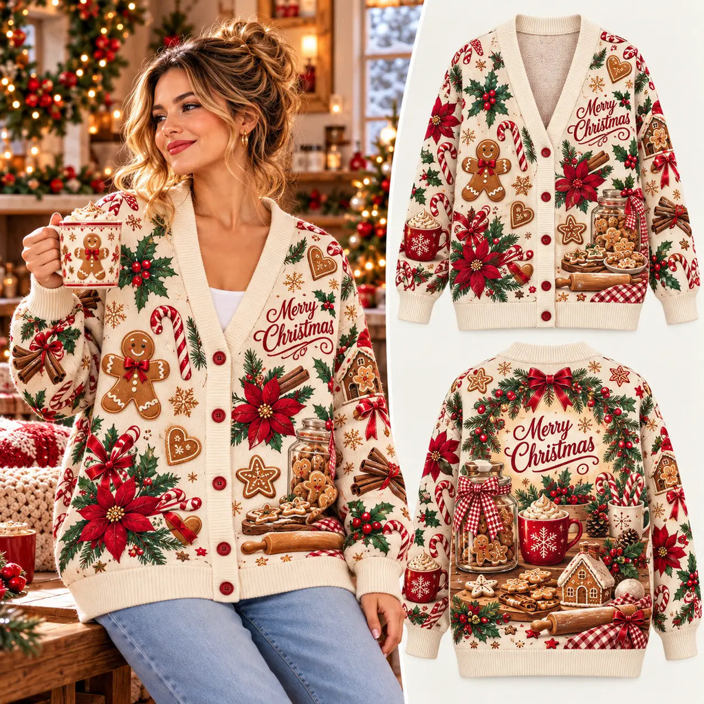 Merry Christmas Gingerbread & Hot Cocoa Knitted Cardigan - Festive Holiday Sweater for Women