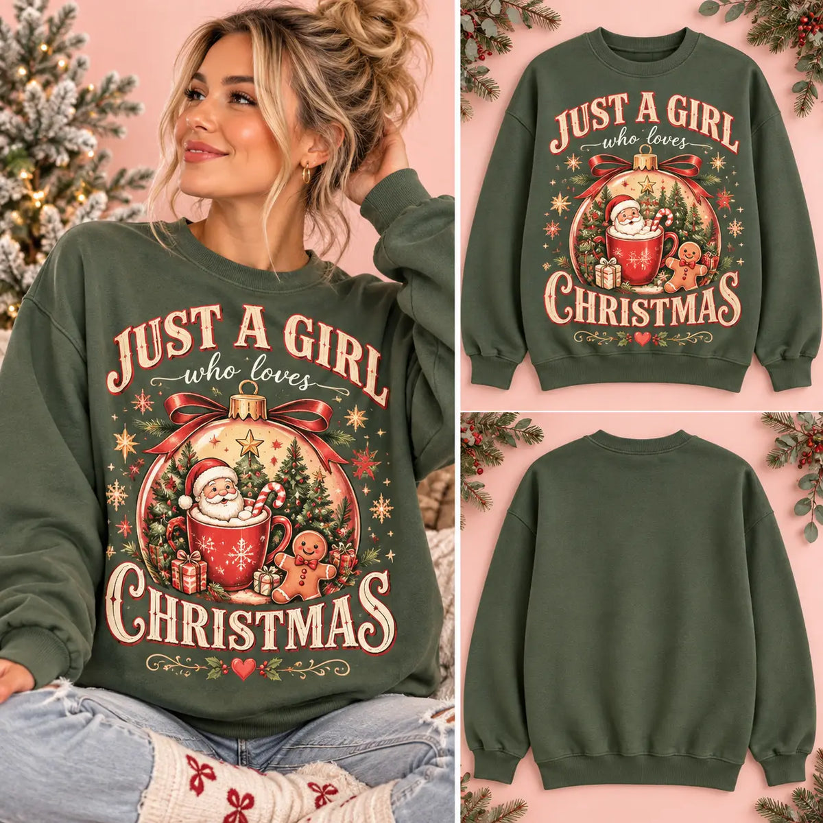 Retro Christmas Ornament Santa Mug & Gingerbread Sweatshirt