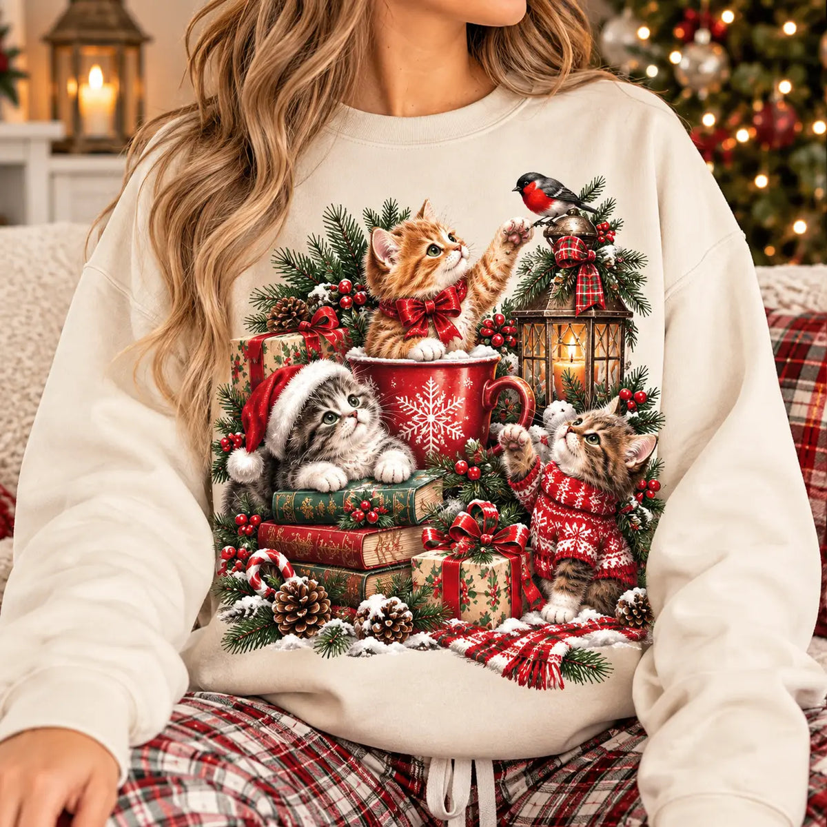 Cozy Christmas Cat & Book Lover Kittens Sweatshirt, Winter Sweater Outfit