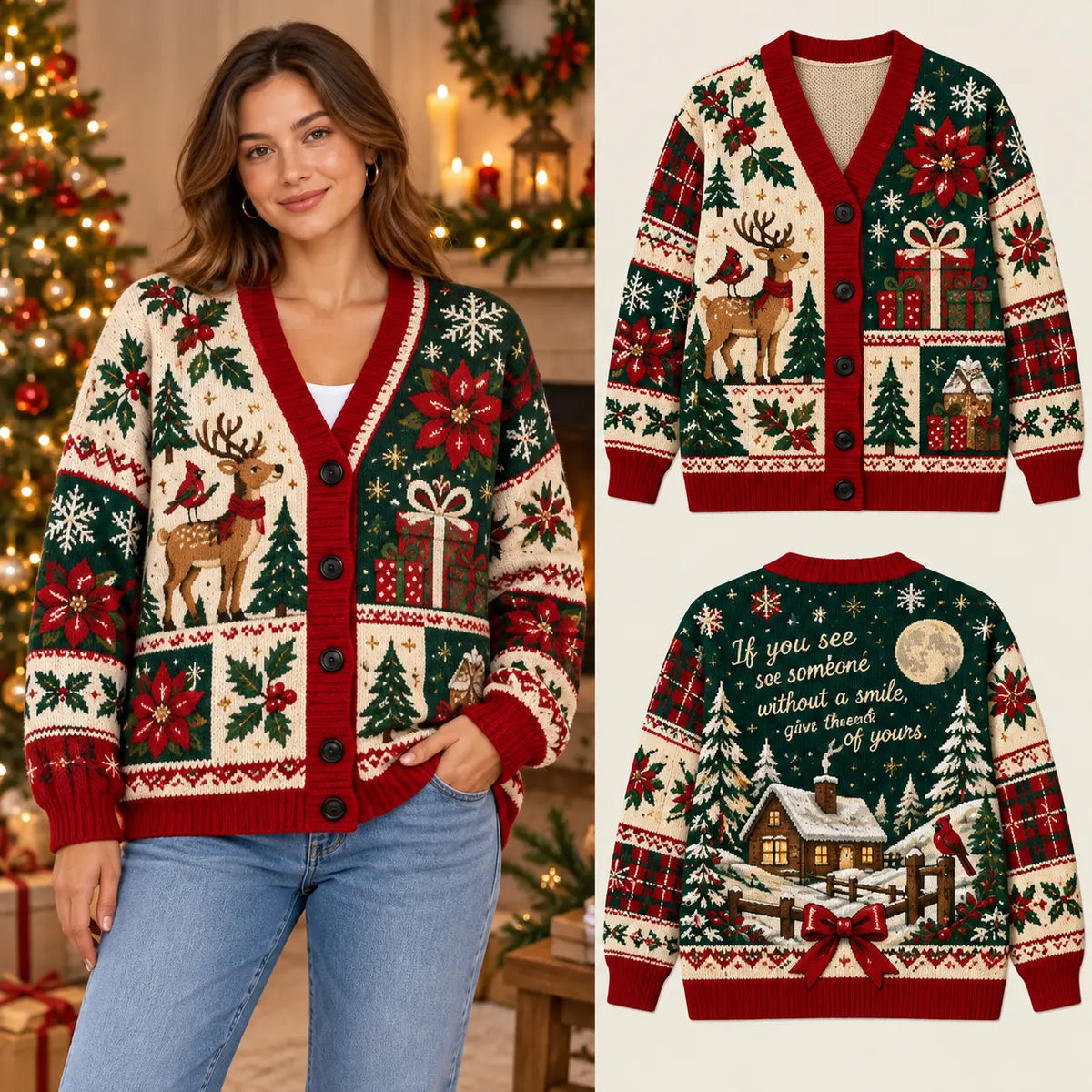 Cozy Christmas Patchwork Reindeer Bird Knitted Cardigan, Festive Winter Outfit Sweater