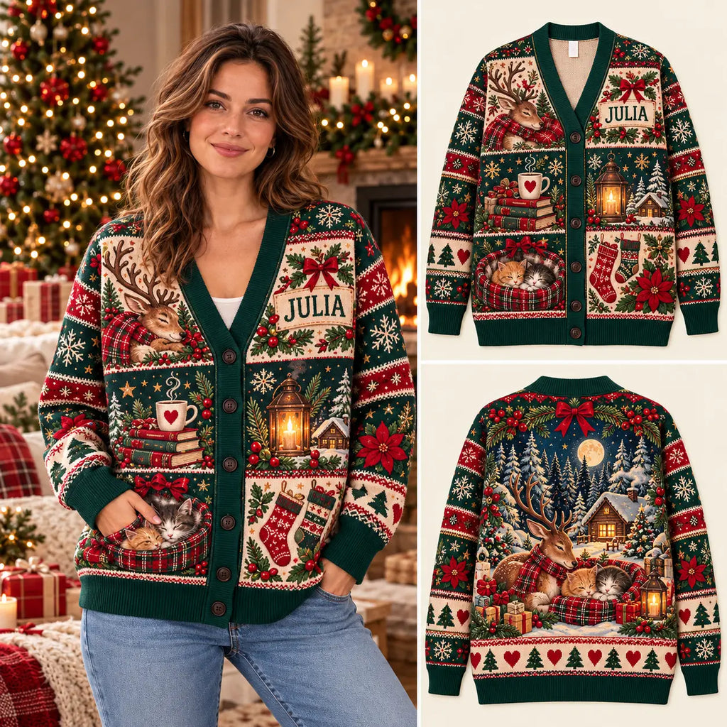 Personalized Christmas Reindeer & Kittens Knitted Cardigan Sweater