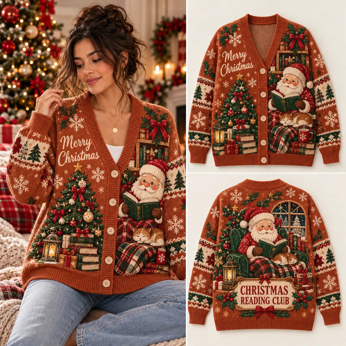 Cozy Christmas Reading Book Club Knitted Cardigan, Cozy Winter Outfit Sweater