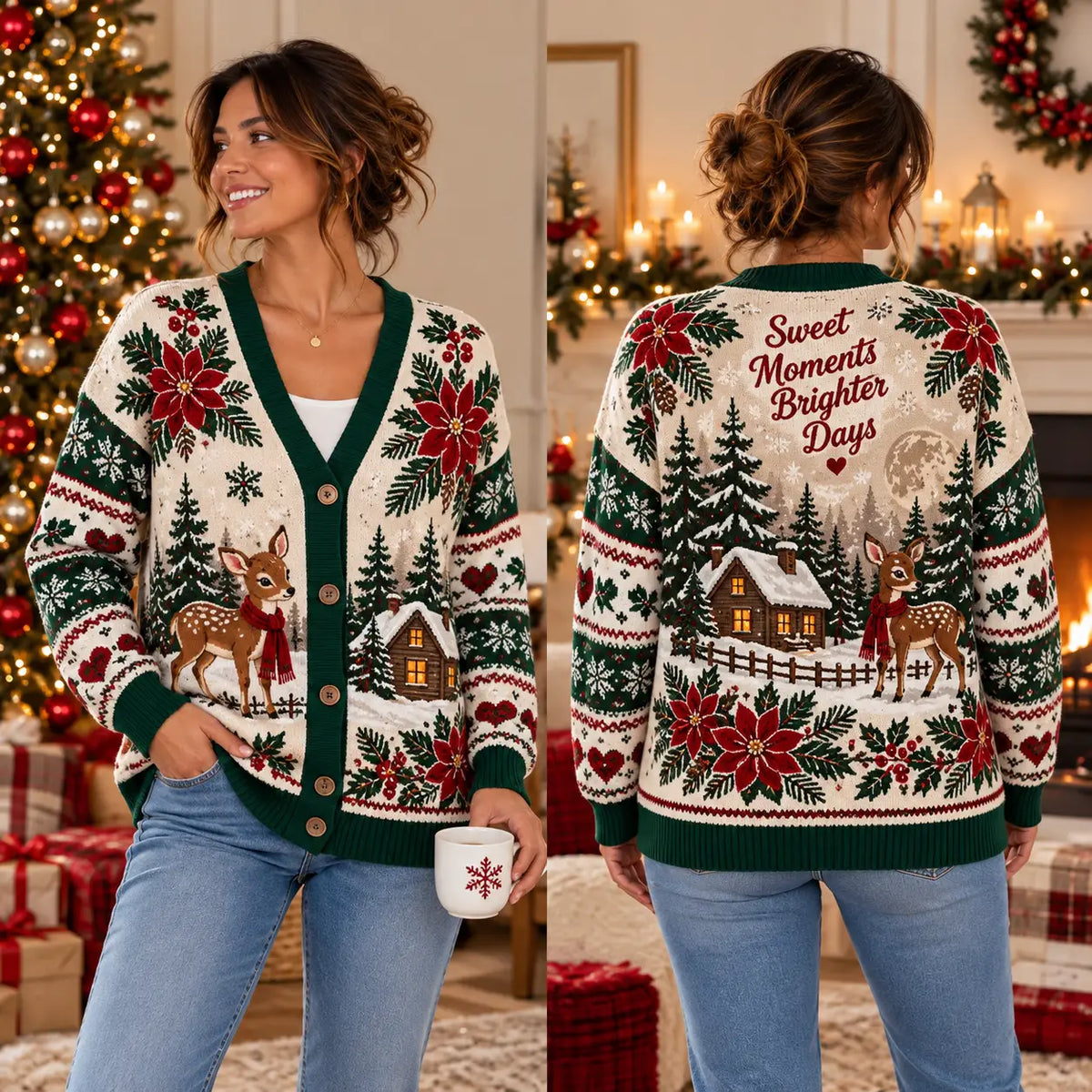 Sweet Moments Brighter Days Christmas Knitted Cardigan, Cozy Winter Outfit Sweater