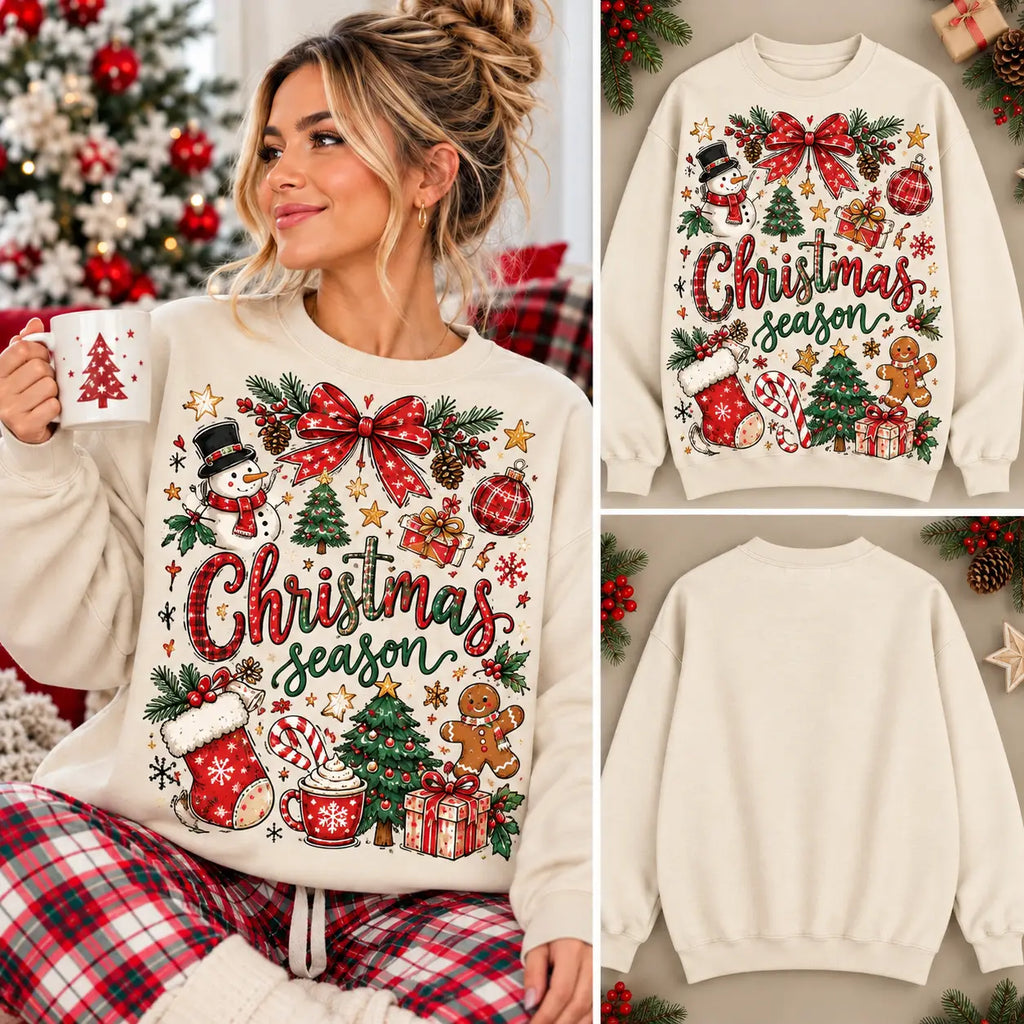 Retro Christmas Season Stocking & Tree Graphic Sweatshirt