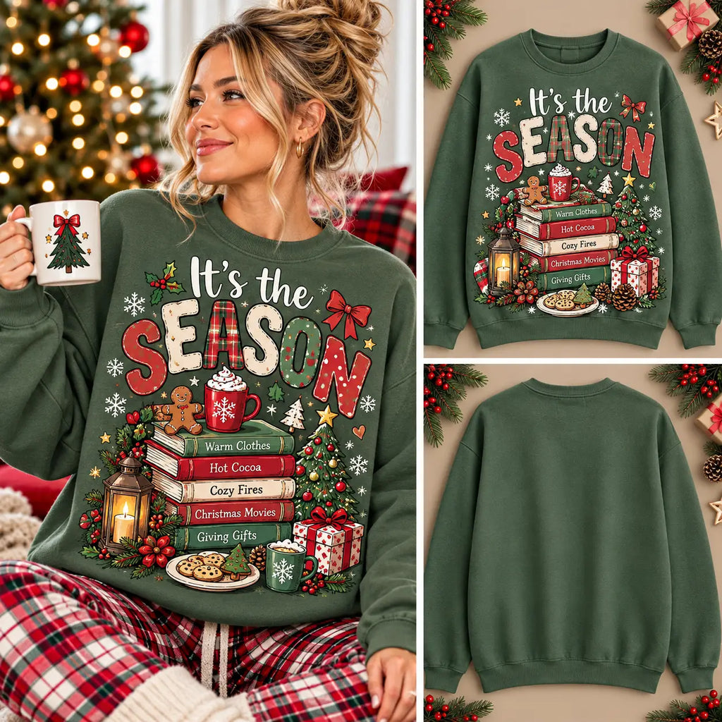 It's The Season Christmas Bookworm Stack Graphic Sweatshirt