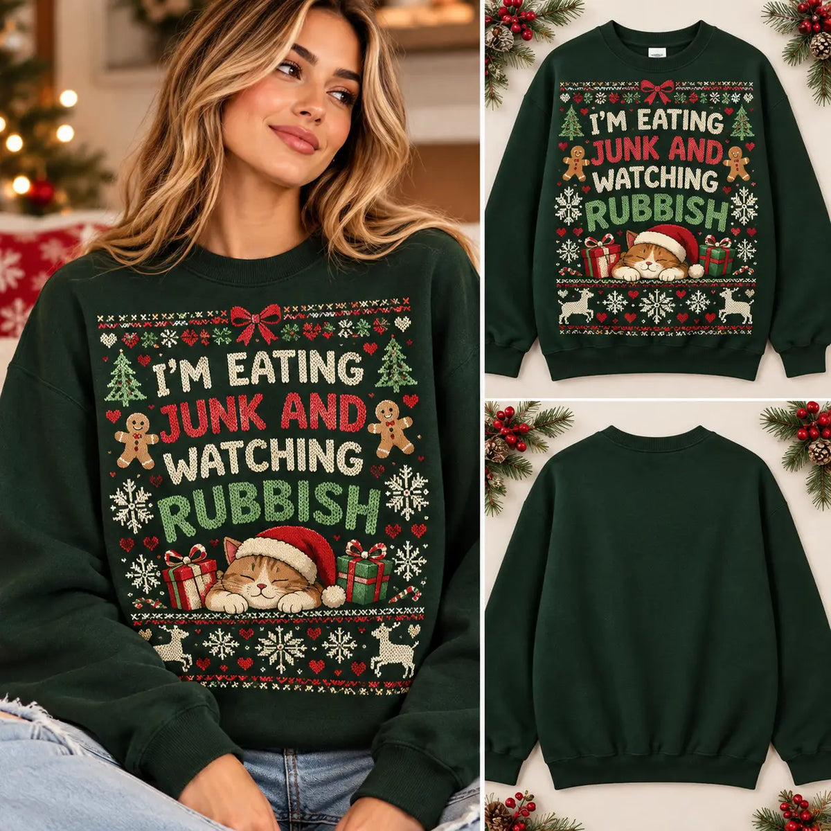 I'm Eating Junk And Watching Rubbish Christmas Cat Sweatshirt